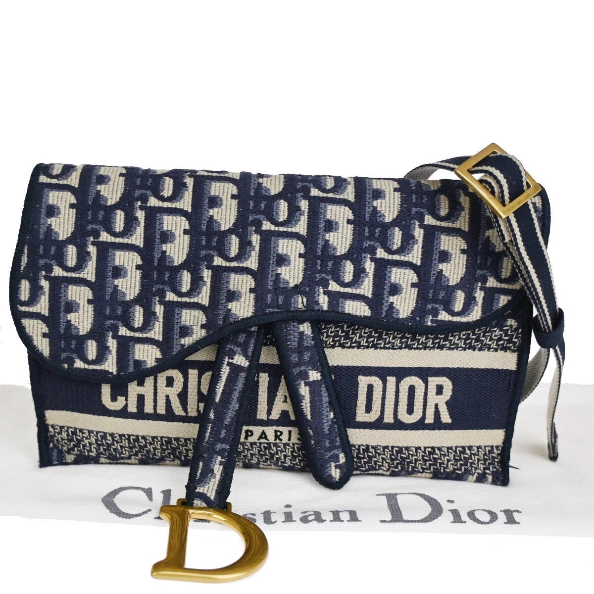 Sac à taille oblique trotteur boum Christian Dior toile cuir bleu marine 675RJ247
