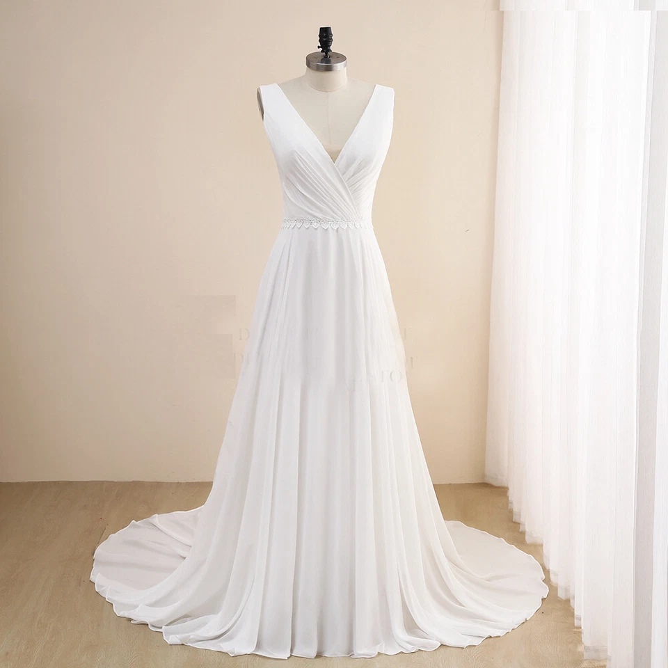 Simple A Line Wedding Dresses V Neck Chiffon Sweep Train Boho Bridal Gown Custom - Image 2 of 4