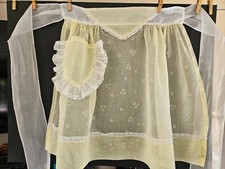 VTG 1960s MCM Yellow Sheer Lacy Flocked Flowers Dainty "Charming Hostess" Apron