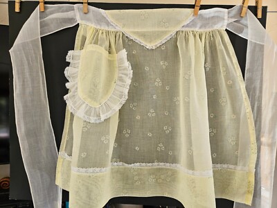 VTG 1960s MCM Yellow Sheer Lacy Flocked Flowers Dainty ''Charming Hostess'' Apron