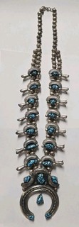 Vintage Sterling Silver Kingman Turquoise Squash Blossom Necklace 173 Grams 28"
