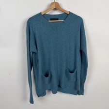 Tahari Luxe Cashmere Scoop Neck Pullover sz M Blue Teal Hi Low Hem Flaw Sweater