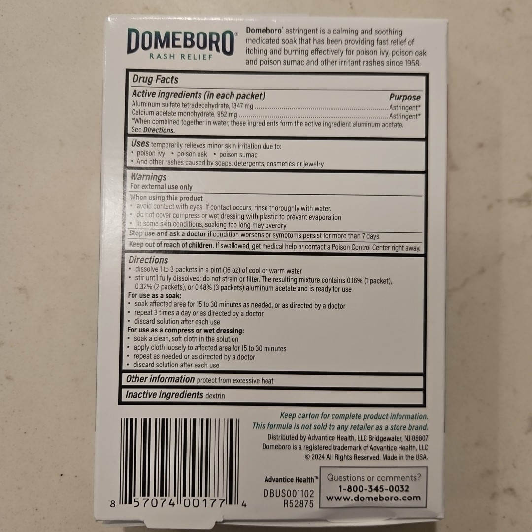 Domeboro Soothing Soak Rash Relief Astringent 12 Powder Packets Exp 2027+