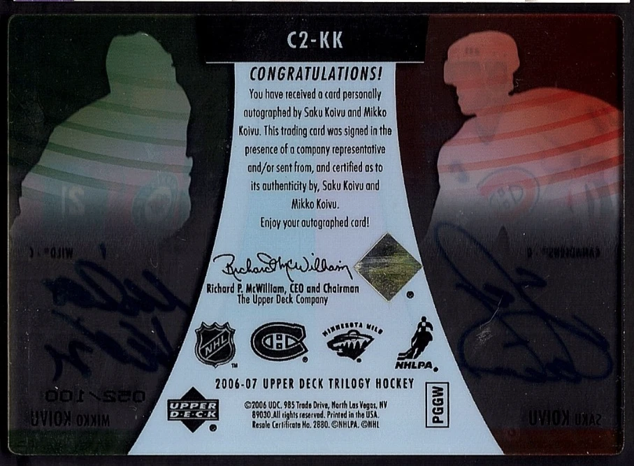 SAKU & MIKKO KOIVU 2006-07 Upper Deck Trilogy Combo Clearcut Dual Auto #52/100 - Image 2 of 2