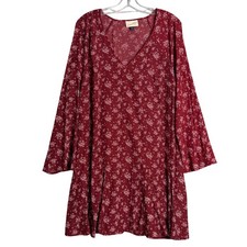 Universal Thread Godet Mini A-Line Dress Womens L Burgundy Floral Bell Sleeve