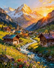 Sunrise Mountain House Paint by Number for Adults DIY Canvas Wall Art Decor