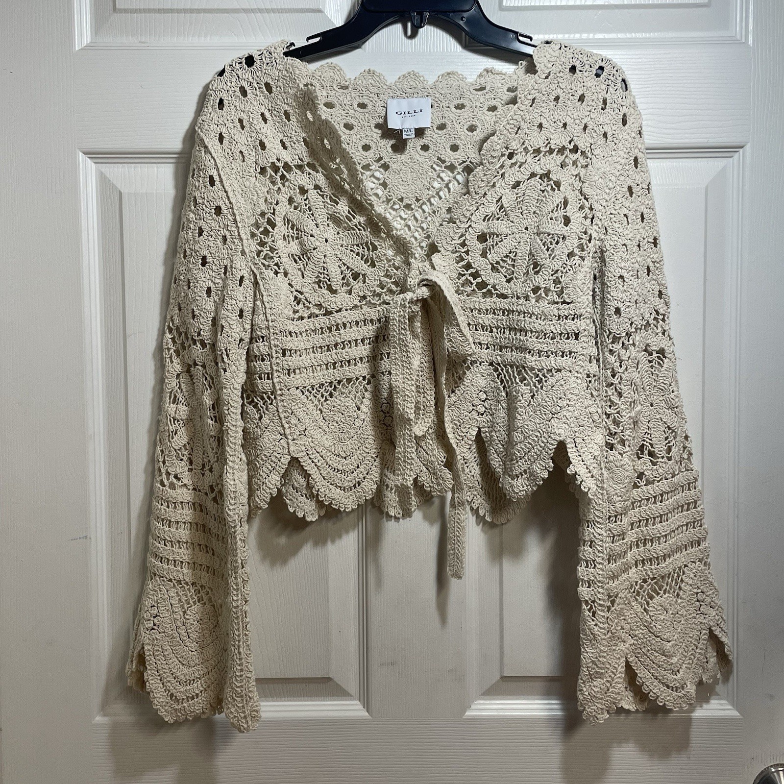 Y2K Boho Crochet Open Knit Cardigan Womens  Scalloped Hem Bell Sleeve Boho M/L