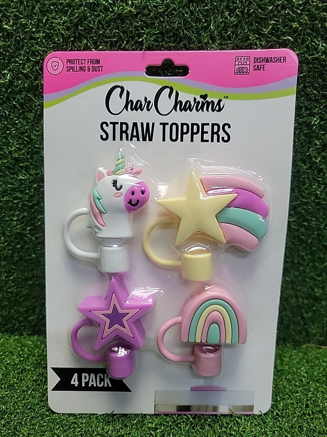 Char Charms Straw Toppers Unicorn Rainbow 4-Pack