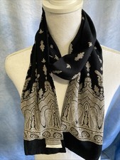 Vtg 80s Evan-Picone 100 Rayon Scarf Black Silver Paisley Rectangle 8x56 Italy