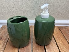 Forest Green Ceramic Soap Dispenser  Toothbrush Holder Bathroom Decor