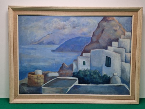 Large Naive Folk Art Greek Seascape Oil on Board Painting Artist Hilary Proctor