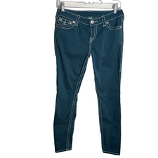 True Religion Pants Women's 28 Skinny Teal Cotton Blend Stitched Pockets Solid