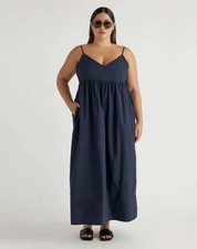 Quince S 100% Organic Cotton Poplin Sleeveless Maxi Dress Navy V Neck Pockets