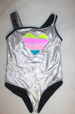 Betsey Johnson Silver One Piece Swimsuit Reverse Sequins Heart Girls Size L 12