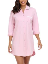 100% Cotton Night Shirts for Women Button Down Nightgown Soft Sleep Shirt Com...
