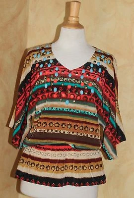 Chico's Fauve Turquoise Sud Ouest Art-Wear Imprimé Froncé Peek-A-Boo Haut Sz 1 M - Photo 1/4