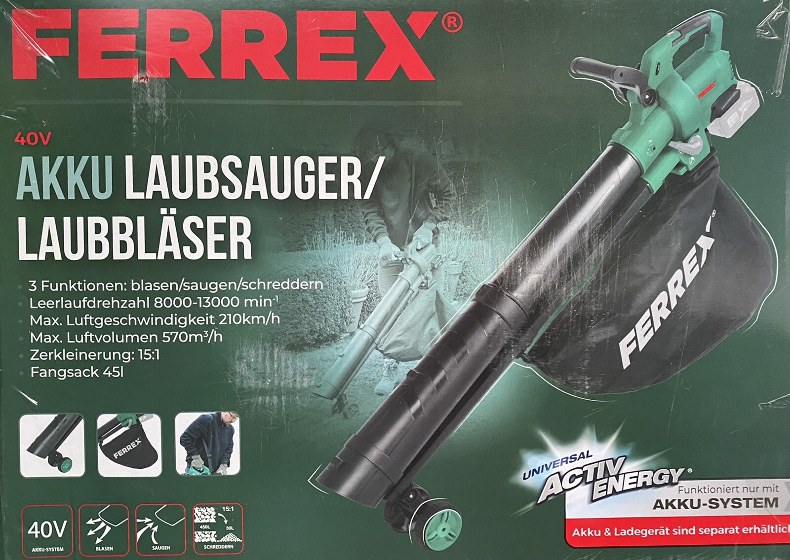FERREX Akku Laubsauger Laubbläser Häcksler Schredder Fangsack 45 L ohne