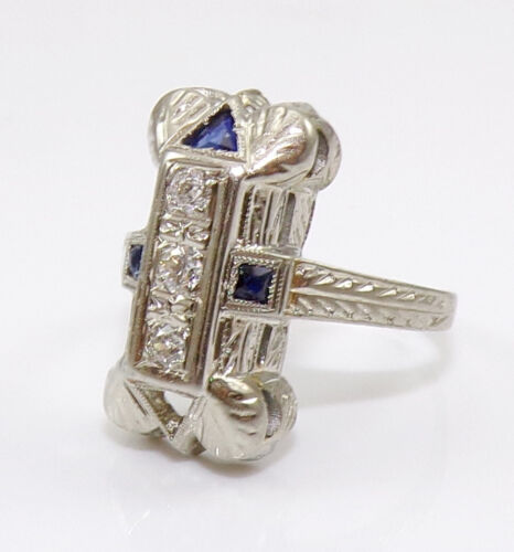 VTG 18K White Gold Art Deco European Cut Diamond & Sapphire Ring Size 5.5 FZ - Foto 4 di 6