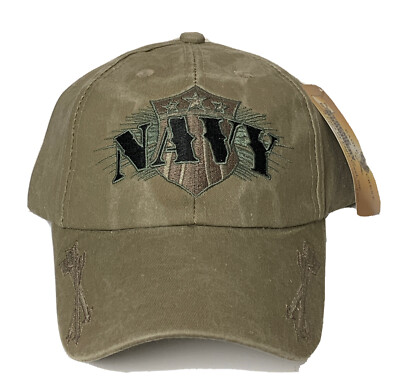 LICENSED US NAVY NAVAL USN Arrows Shield Olive Green Washed INSIGNIA CAP HAT