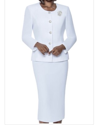 Terramina 2pc Peachskin Women Suit W/ Rhinestone Button &Brooch White 18