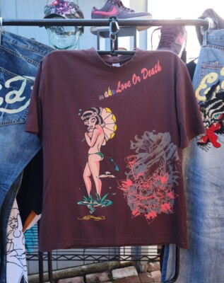 Vintage Y2K Ed Hardy 'Make Love or Death' Geisha Girl Lotus