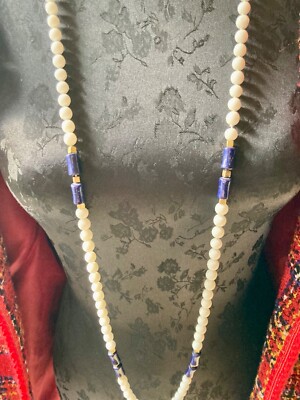 Collier Sautoir Louis Rousselet Années 1950 – Pâte De Verre En Chute, Perles Roses Et Blanches, Occasion