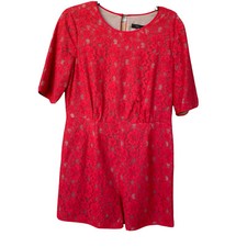 BCBGMaxAzria Women Size M Haile Romper Red Berry Khaki Combo Lace Key Hole Back