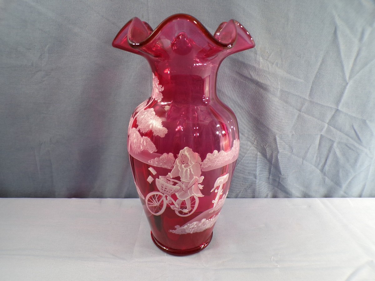 Fenton Cranberry Glass Hand Painted Large Vase Mary Gregory Girl 