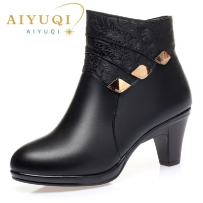 Women's Winter Boots Genuine Leather Dress Boots Mid-heel Wool Warm Ankle  Boots | eBay