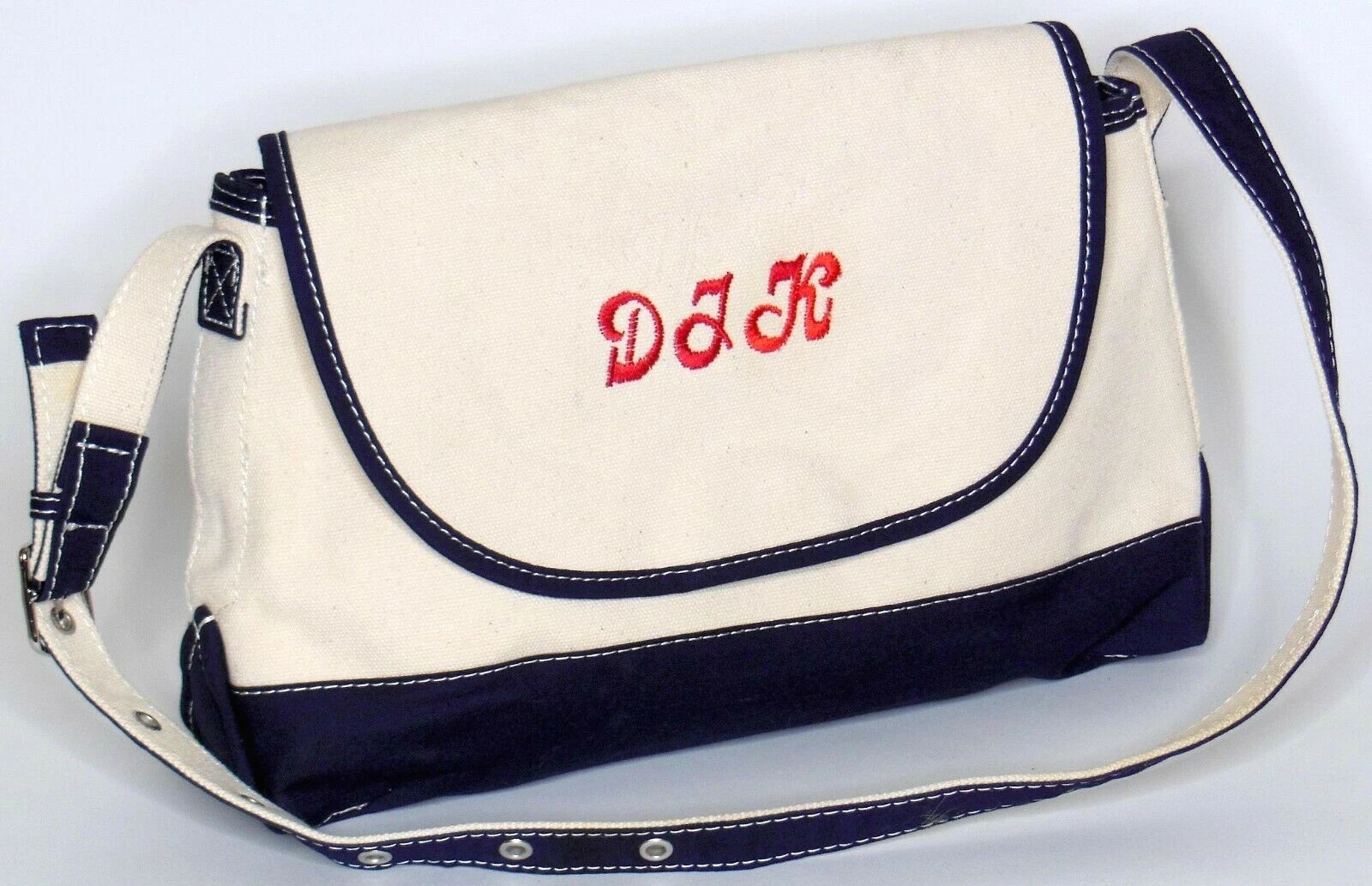 Vtg LL Bean Preppy Canvas Boat Tote Purse Navy Blue Off White Grand Millennial
