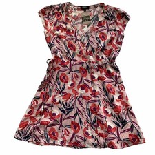 Audrey 3Plus1 Women's Medium Wrap Knee Sundress Pink Purple Floral Rayon NEW