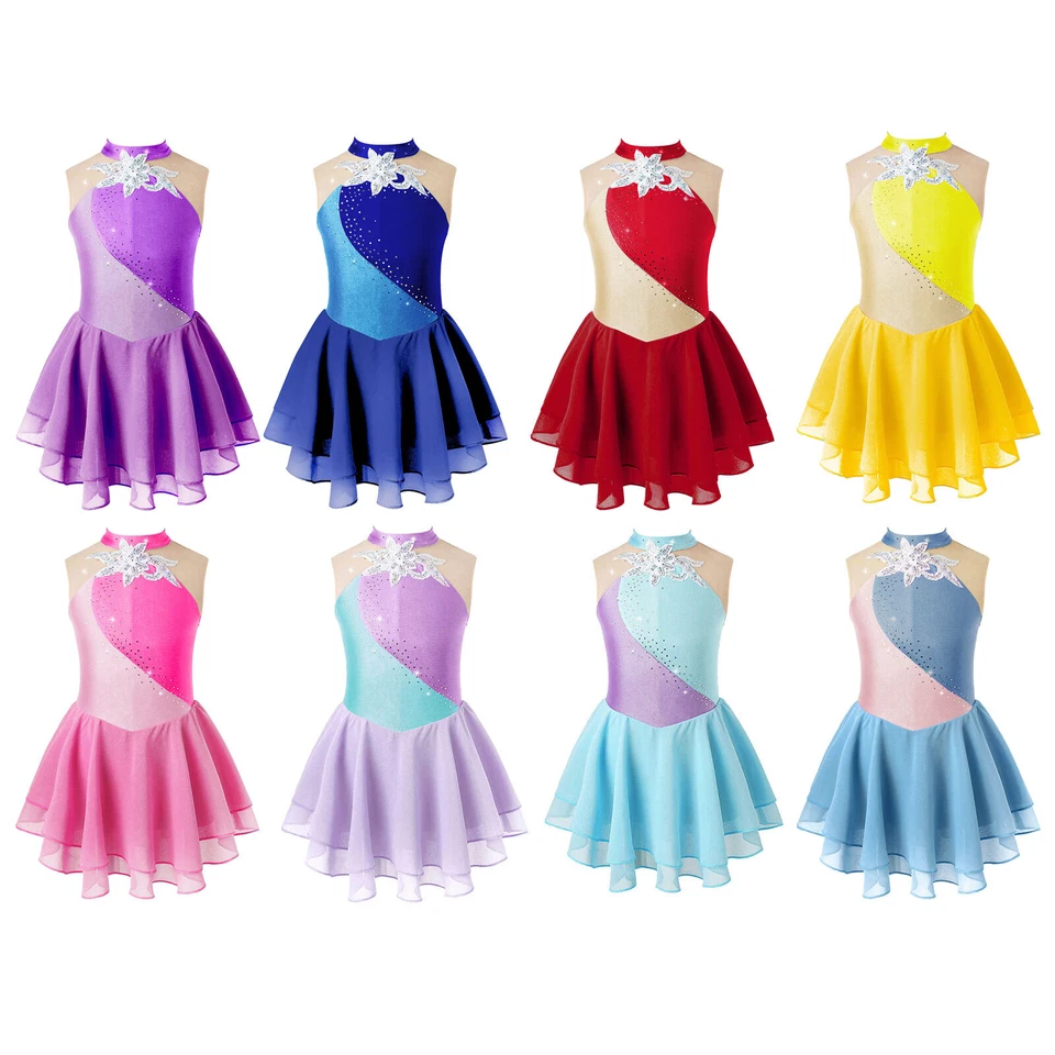 Kids Girls Dance Decorated Leotard Ruffle Dress Sequins Athletic Stage Show - Image 3 of 4