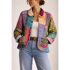 Sacred Threads Silk Quilted Patchwork Jacket Made in India Button Front M/L