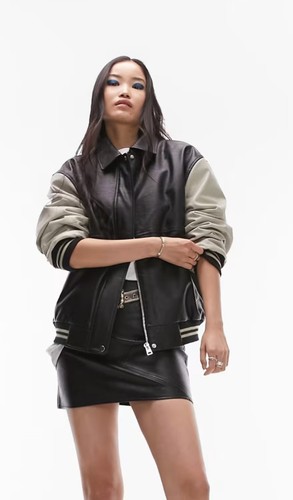 Topshop Vegan Leather Contrast Sleeve Varsity Jacket 8/10