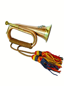 BRITISH ARMED FORCES "DEATH OR GLORY" BUGLE w/ MOUTHPIECE & CORD -AGE UNKNOWN