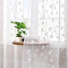 Leaf Patterned White Sheer Curtains 72 Inches Long 2 Panels Set for Living Ro...
