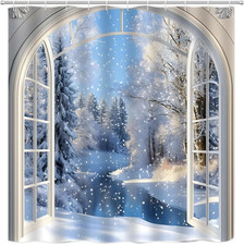 Winter Snow Scene Shower Curtain Christmas Snowflake Pine Tree Forest Lake Xmas