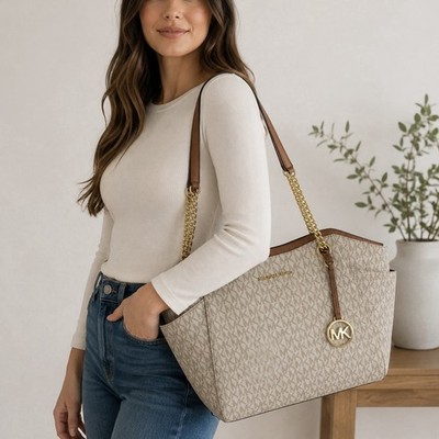 Michael Kors Jet Set Large Signature Logo Shoulder Bag Vanilla MK Logo Tote