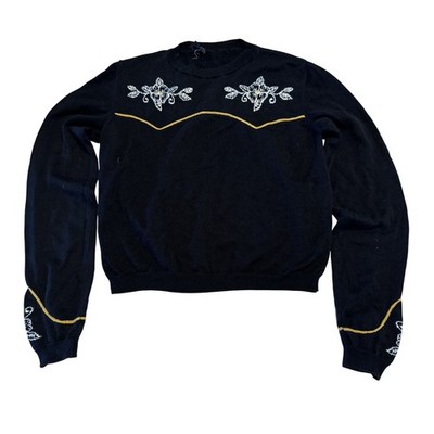 ALANUI Western Flowers Embroidered Intarsia Black Sweater Women's Size Medium M