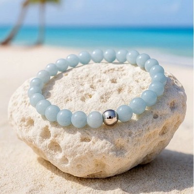 Aquamarin Armband 6mm   Edelstahlperle Silber   Handmade   Wunschlänge 14 23 cm