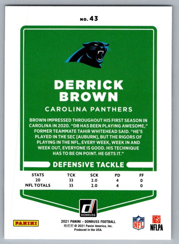 2021 Donruss Derrick Brown Carolina Panthers #43 - Image 2 of 2