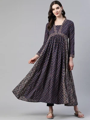 Indian Women Blue & Multi Cotton Floral Printed Anarkali Kurta Kurti Long Dress - Image 1 of 4