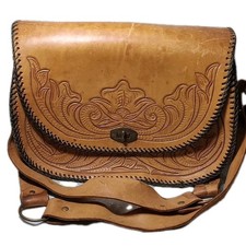 Vintage Western Brown Leather Hand Tooled Floral Design Saddle Bag Purse