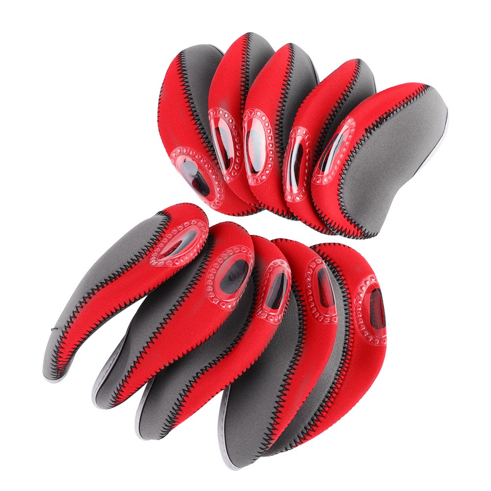 10Pcs Iron Club Head Covers Clubs Protection Headcover Set (Grey Red)