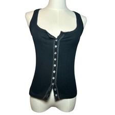 NWT Free People End Game Pointelle Tank Top Black L Button Front Knit Top