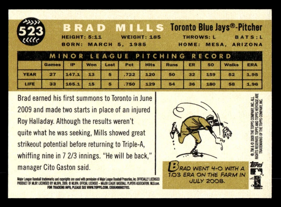 2009 Topps Heritage #523 Brad Mills Rookie Card Toronto Blue Jays - Image 2 of 2