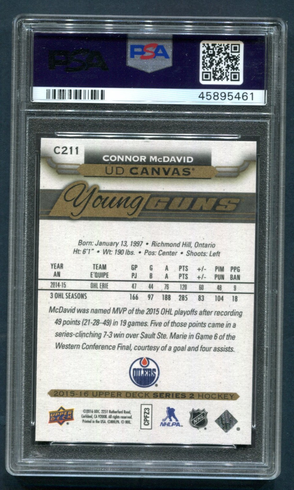 2015 UD Canvas Connor Mcdavid Young Guns RC #C211 PSA 10 GEM MINT 💎 view 2