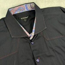 Bogosse Shirt Mens Large Black Paisley Trim Button Down Long Sleeve Dress