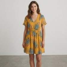 Madewell Dress Womens 6 Yellow Floral V-Neck Flutter Sleeve Elastic Waist Mini