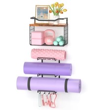 Yoga Mat Wall Mount Holder w/ Wood Shelf, Basket  Hooks - Home Gym Organizer